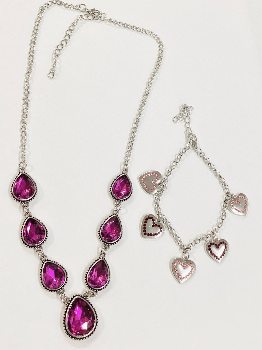 Fuchsia Teardrop Necklace & Heart Charm Bracelet Set 🩷